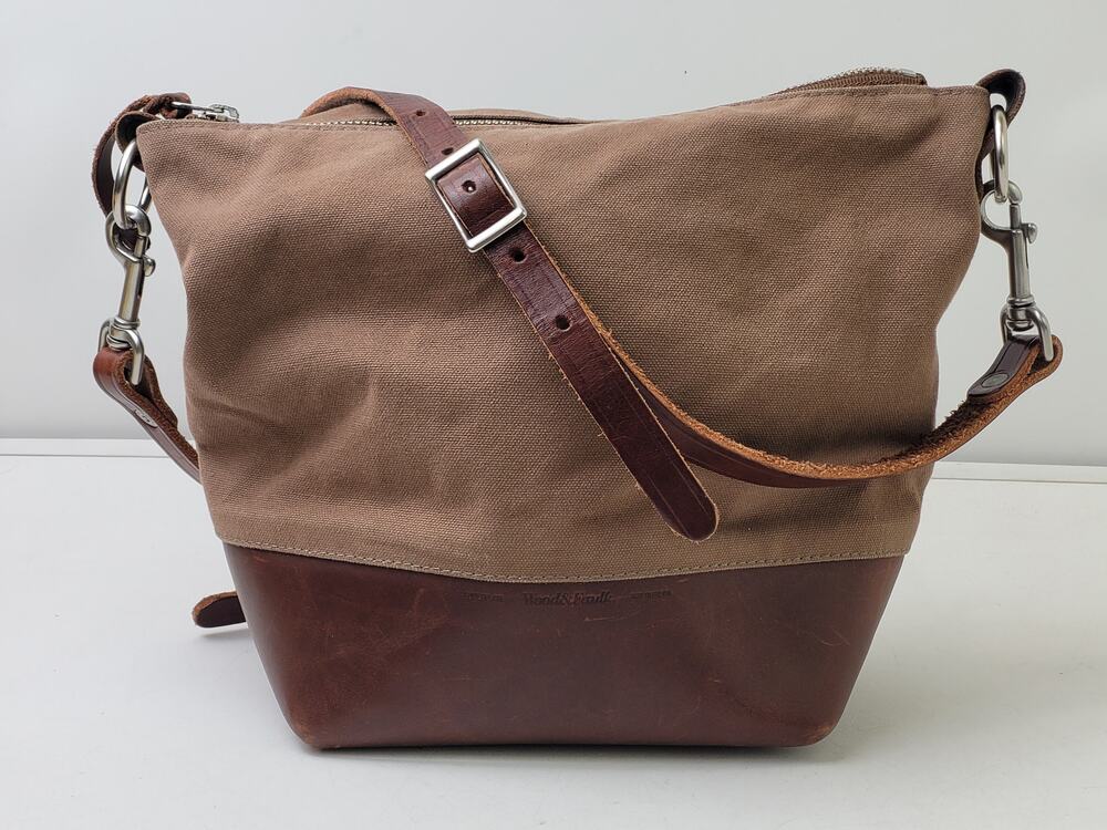 Leather-Trim Canvas Crossbody Bag in Brown